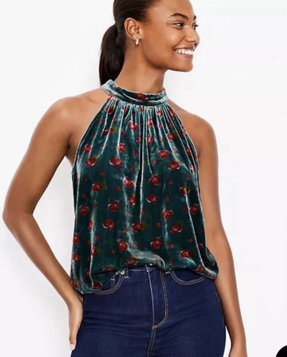 Loft Floral Velvet Shirred Halter Top Women's Medium Green Red Roses